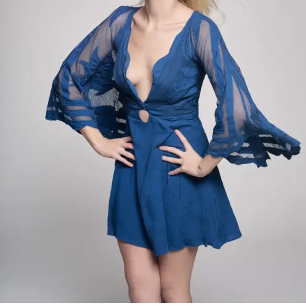 Free Peopke Major dress in blue- worn a bunch but loads of life left ! Viscose